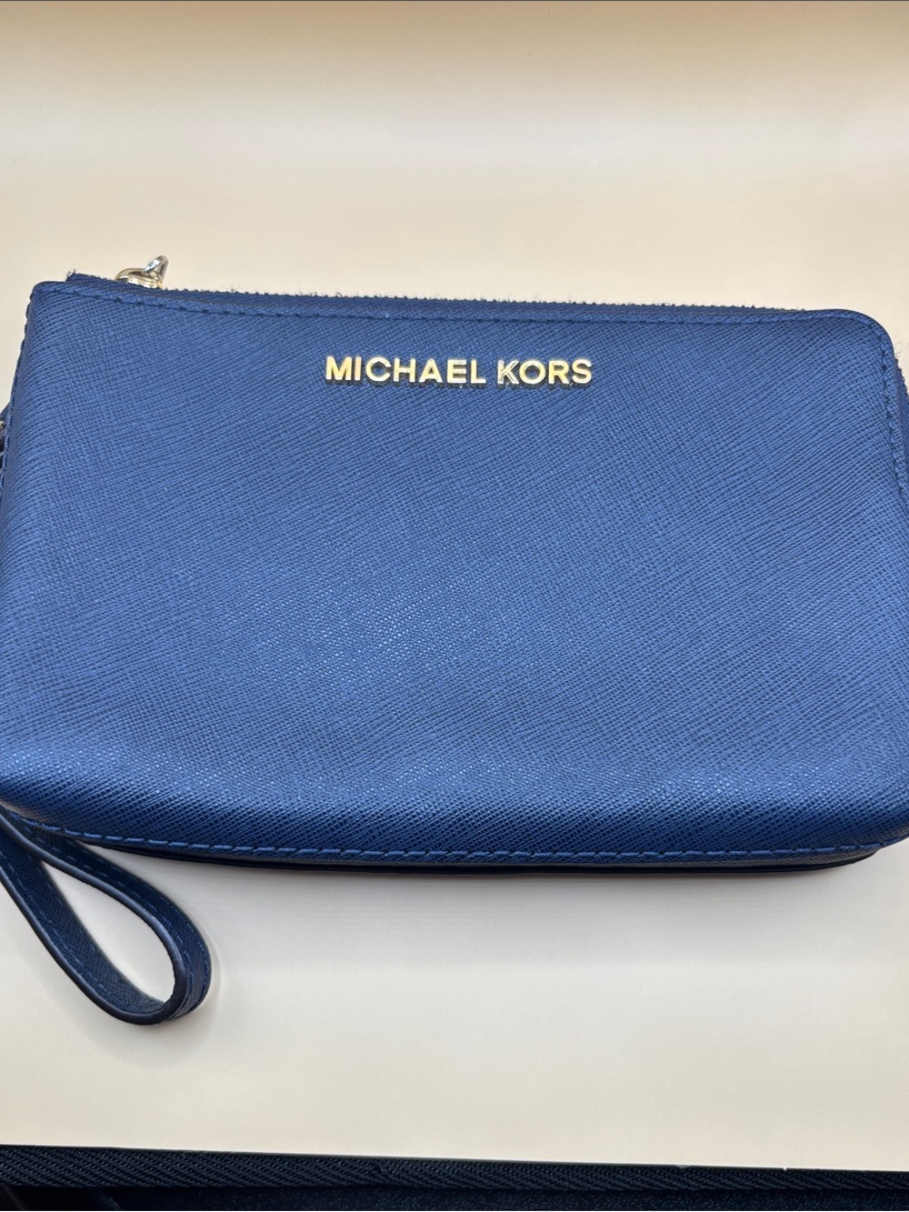 Michael Kors Blue Saffiano Leather Double Zip Wristlet with Gold Logo